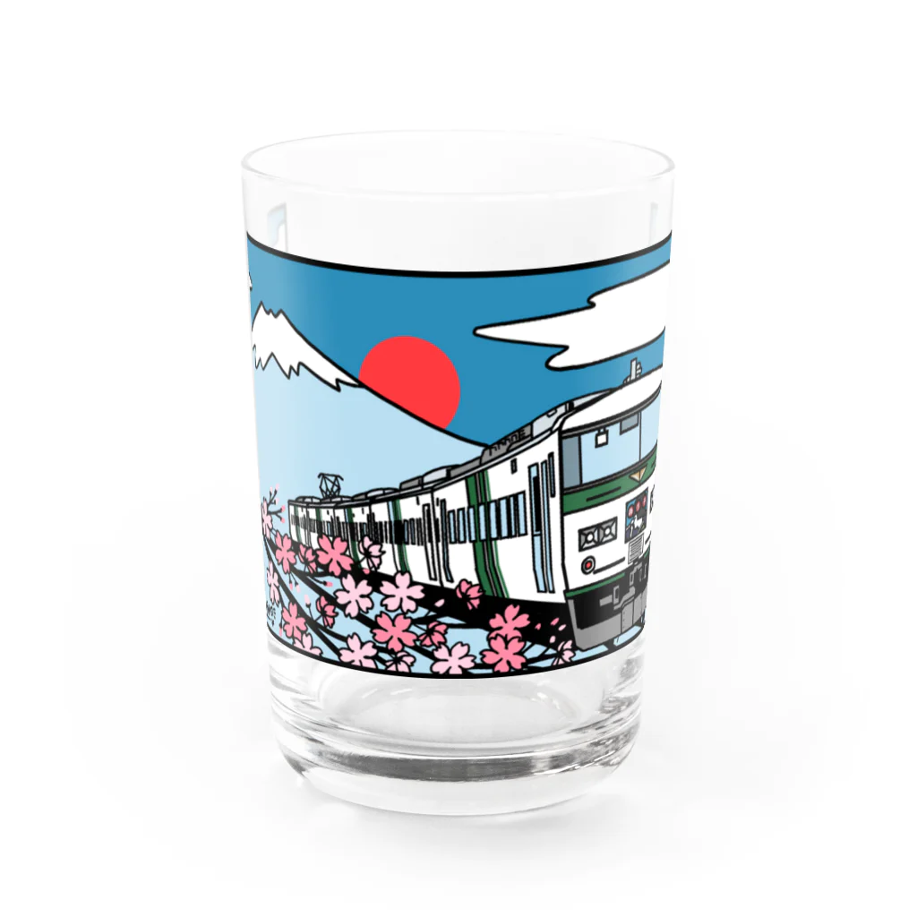 やすこーん（YASCORN）鉄道の鉄道：「踊り子」18５系と富士山、桜　イラスト Water Glass :front