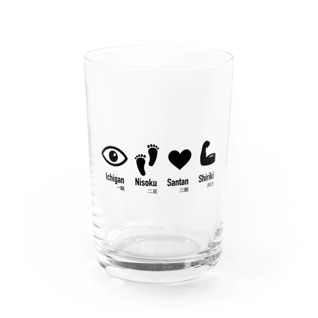 伊勢守 isenokami  剣道 x 日常  kendo inspired.の一眼二足三胆四力 Ichigan Nisoku Santan Shiriki Water Glass :front