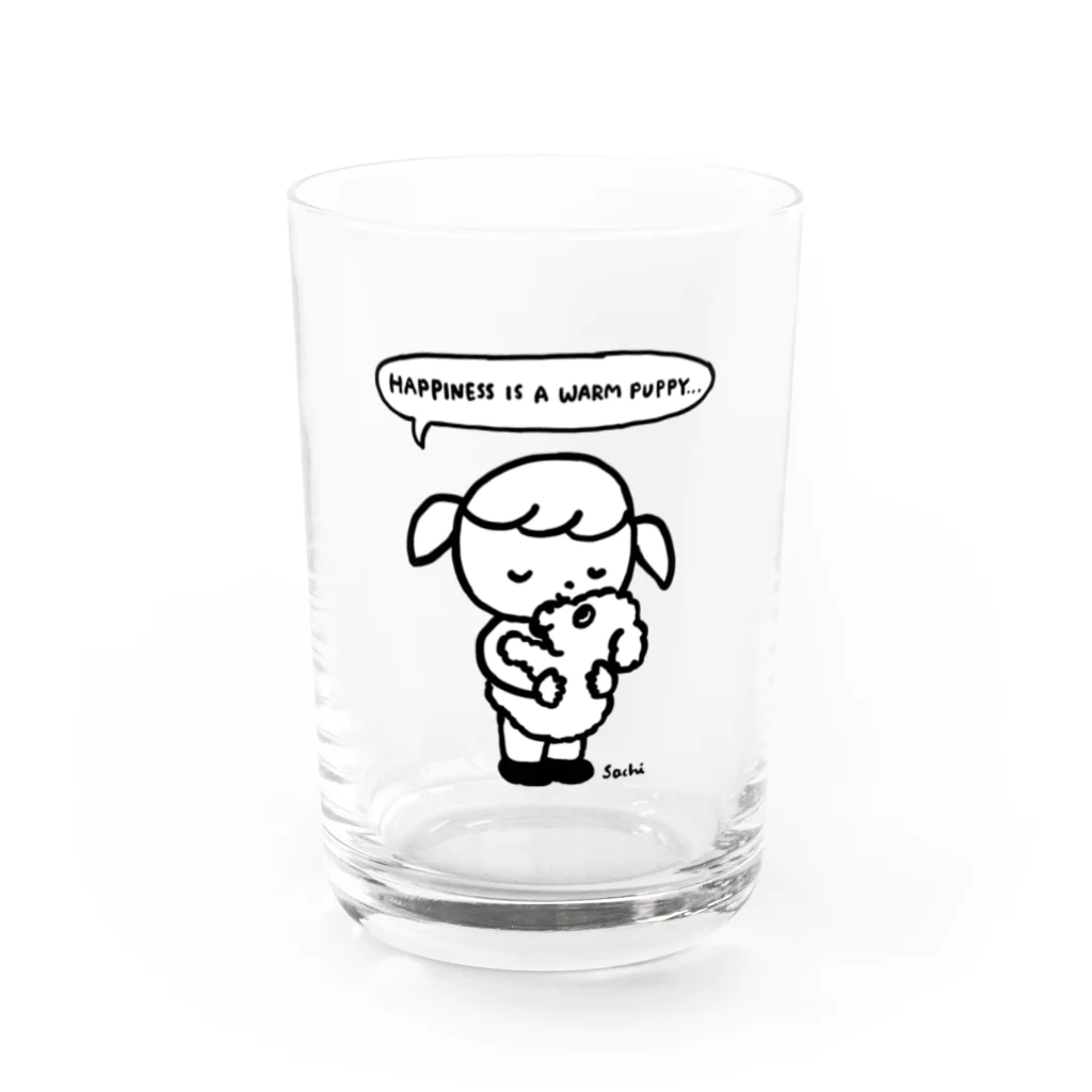 天明幸子　SUZURI  オフィシャルショップの『しあわせはあたたかい子犬』黒×白 Water Glass :front