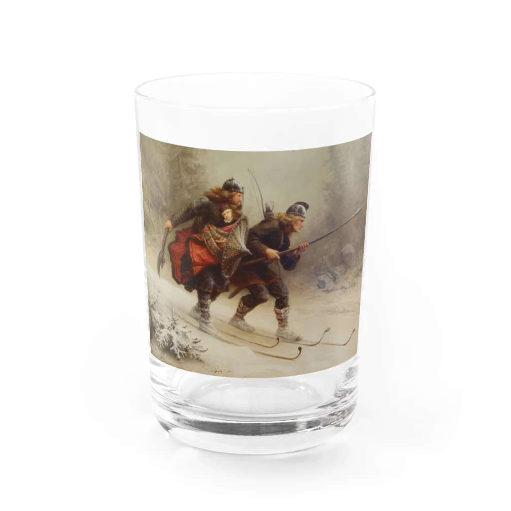 世界の絵画アートグッズのKnud Bergslien《Skiing Birchlegs 王子と山を渡る》 Water Glass :front