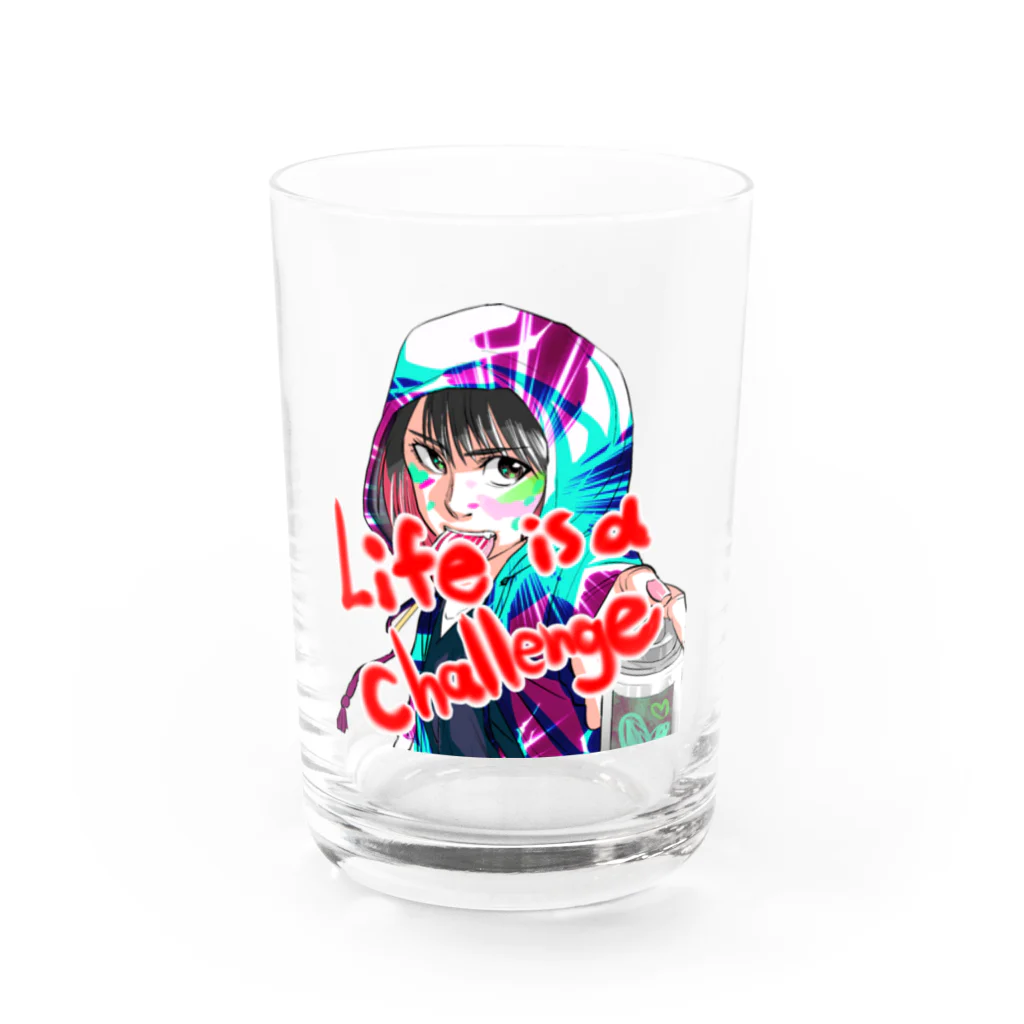 どでんちゃんのデザインショップ👩‍🎨のLife is a challenge Water Glass :front