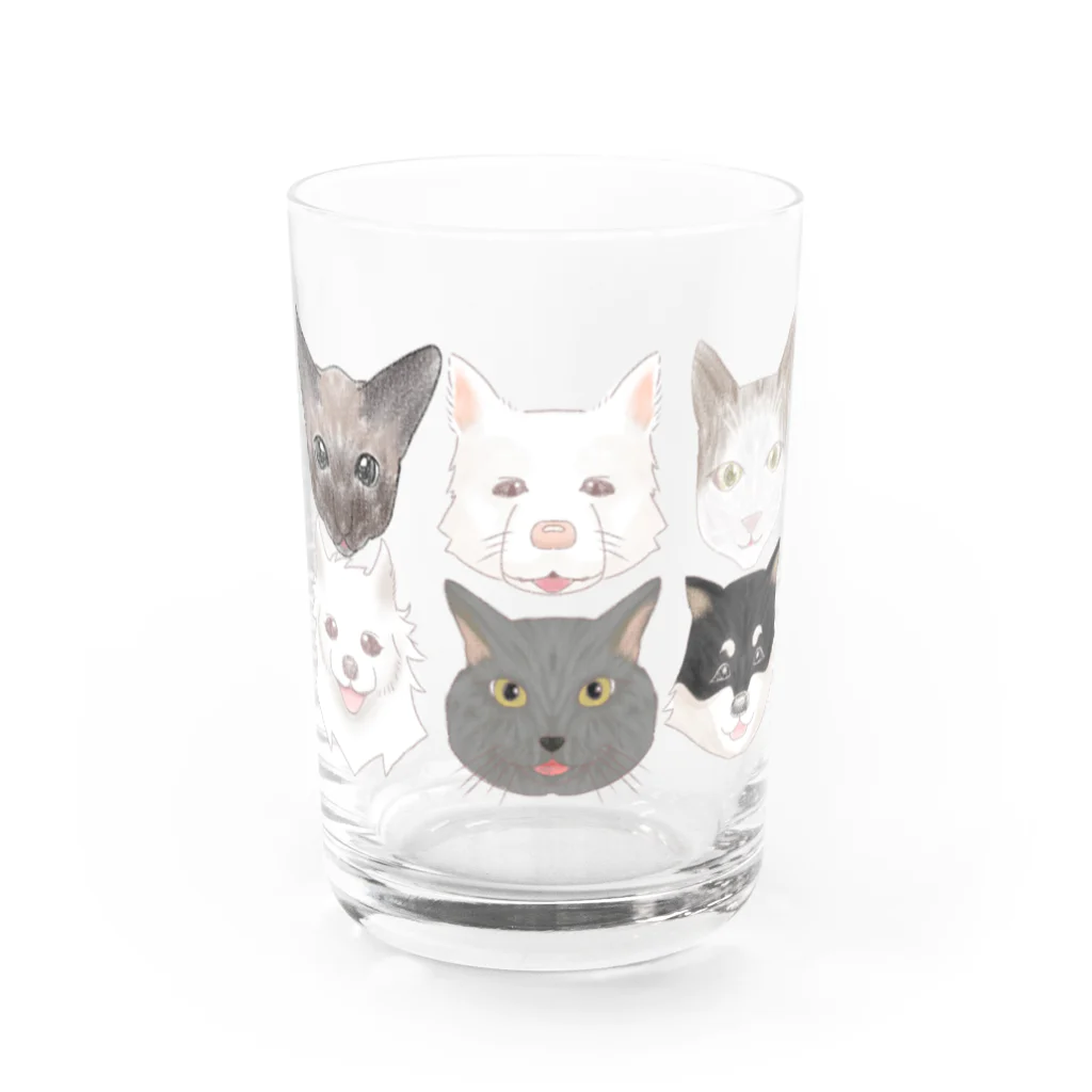 くろまっKのSUZURIショップの3わんにゃん Water Glass :front