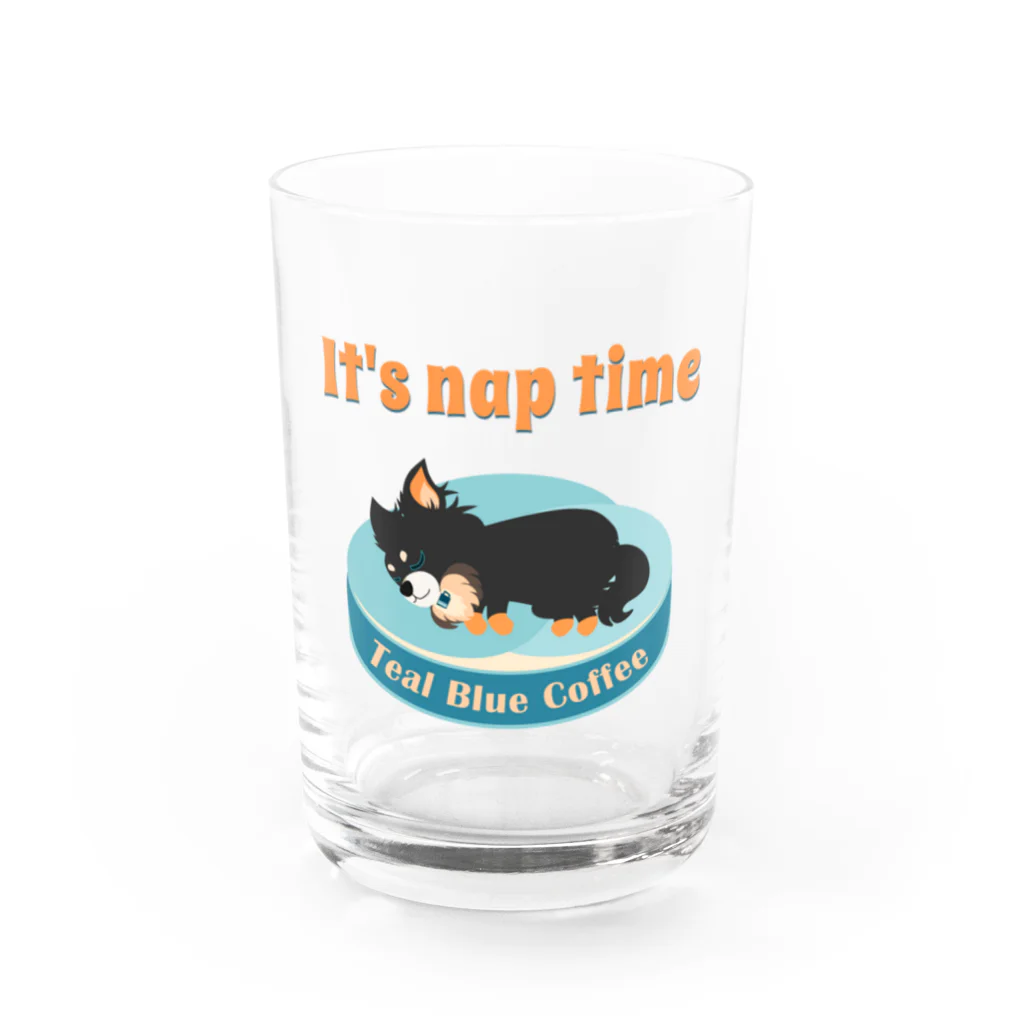 Teal Blue Coffeeのお昼寝の時間　-puppy teal- Water Glass :front