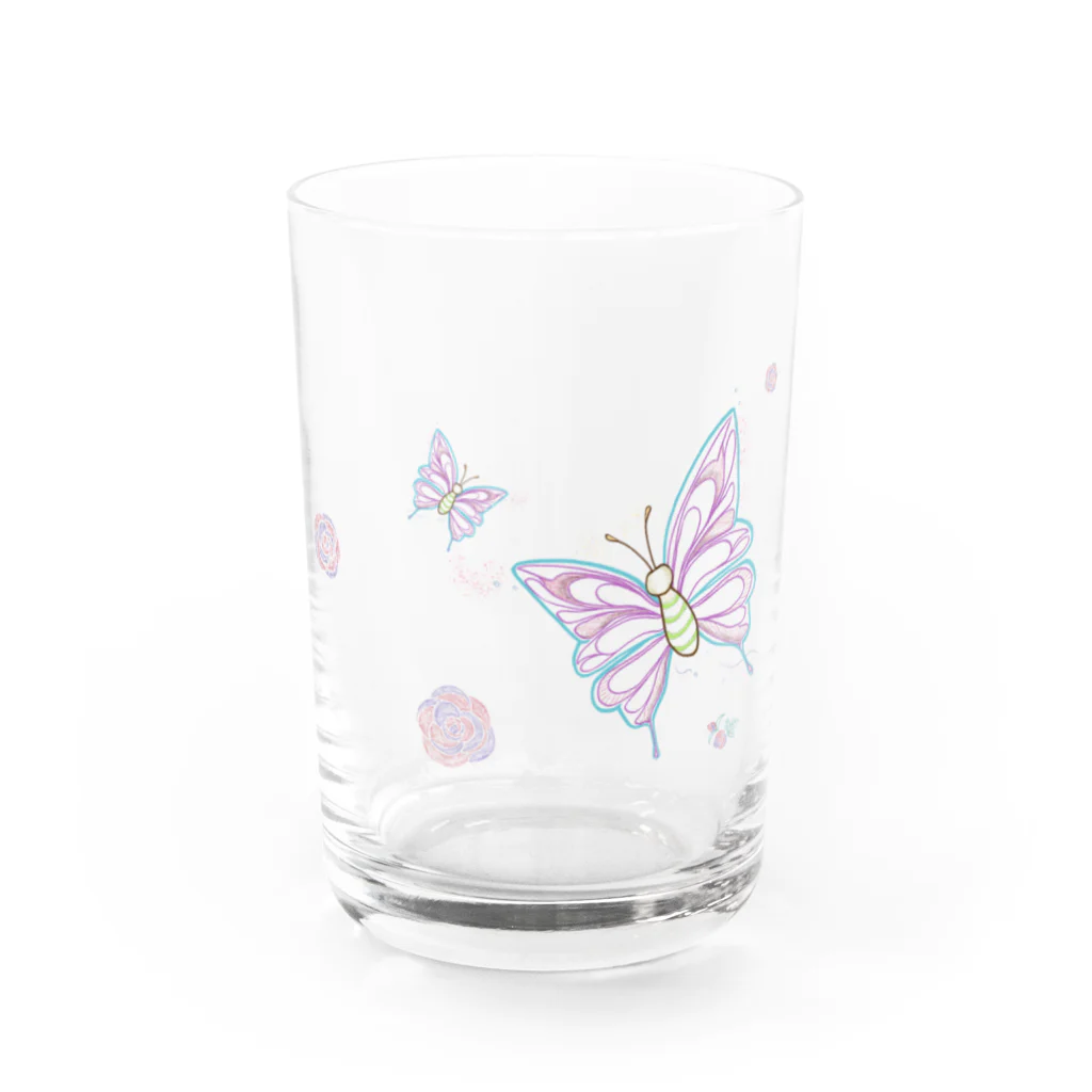 ひなたぼっこの蝶とバラ Water Glass :front