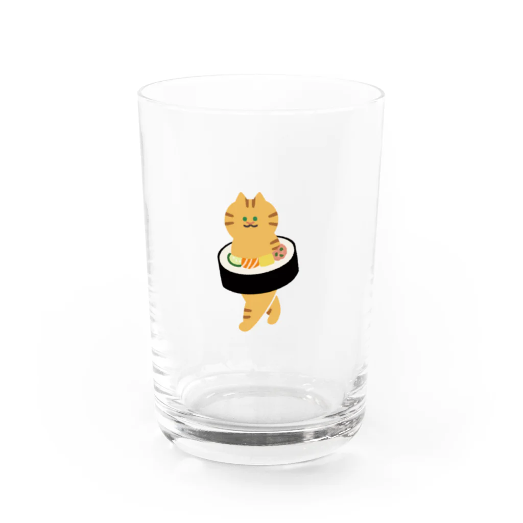 SUIMINグッズのお店の太巻きを自らに巻きつけて運ぶねこ Water Glass :front