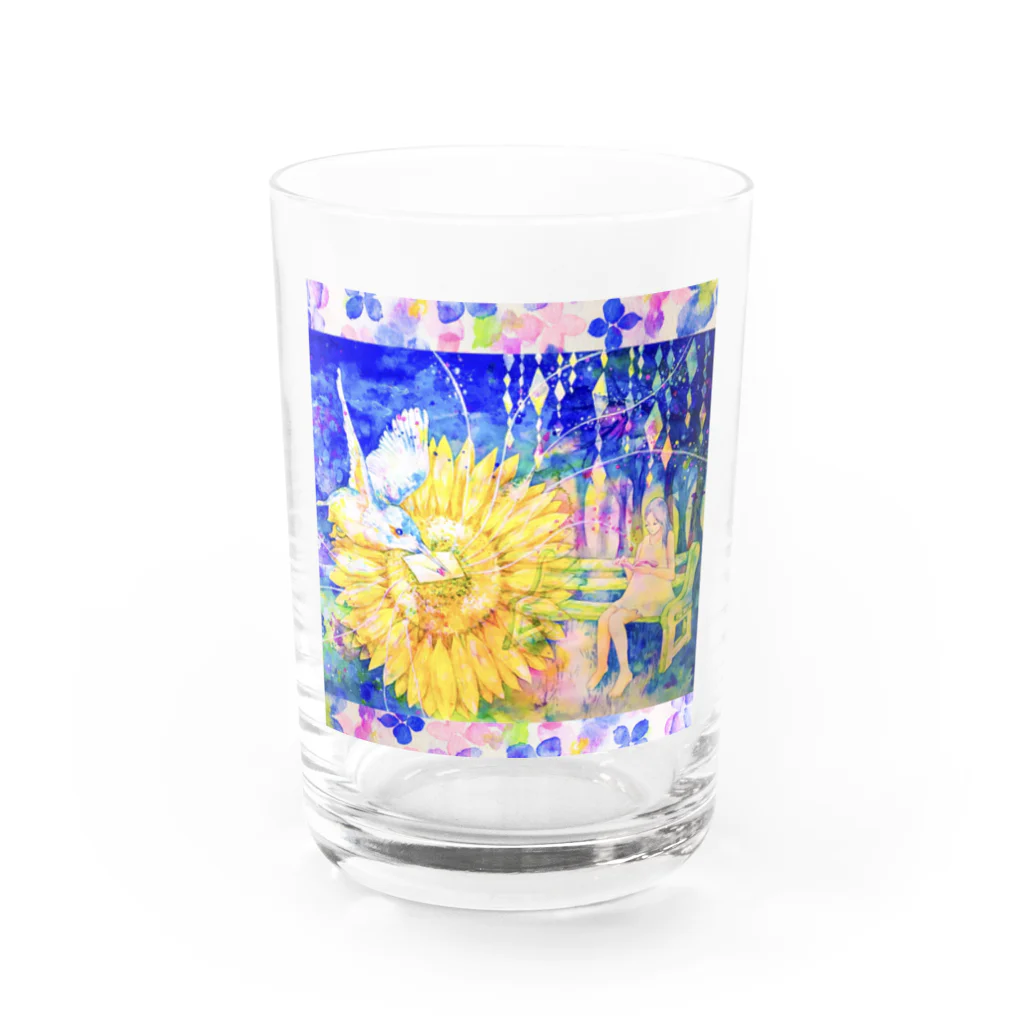 十二夜の書架の向日葵と翡翠・紫陽花の花びら（正方形） Water Glass :front