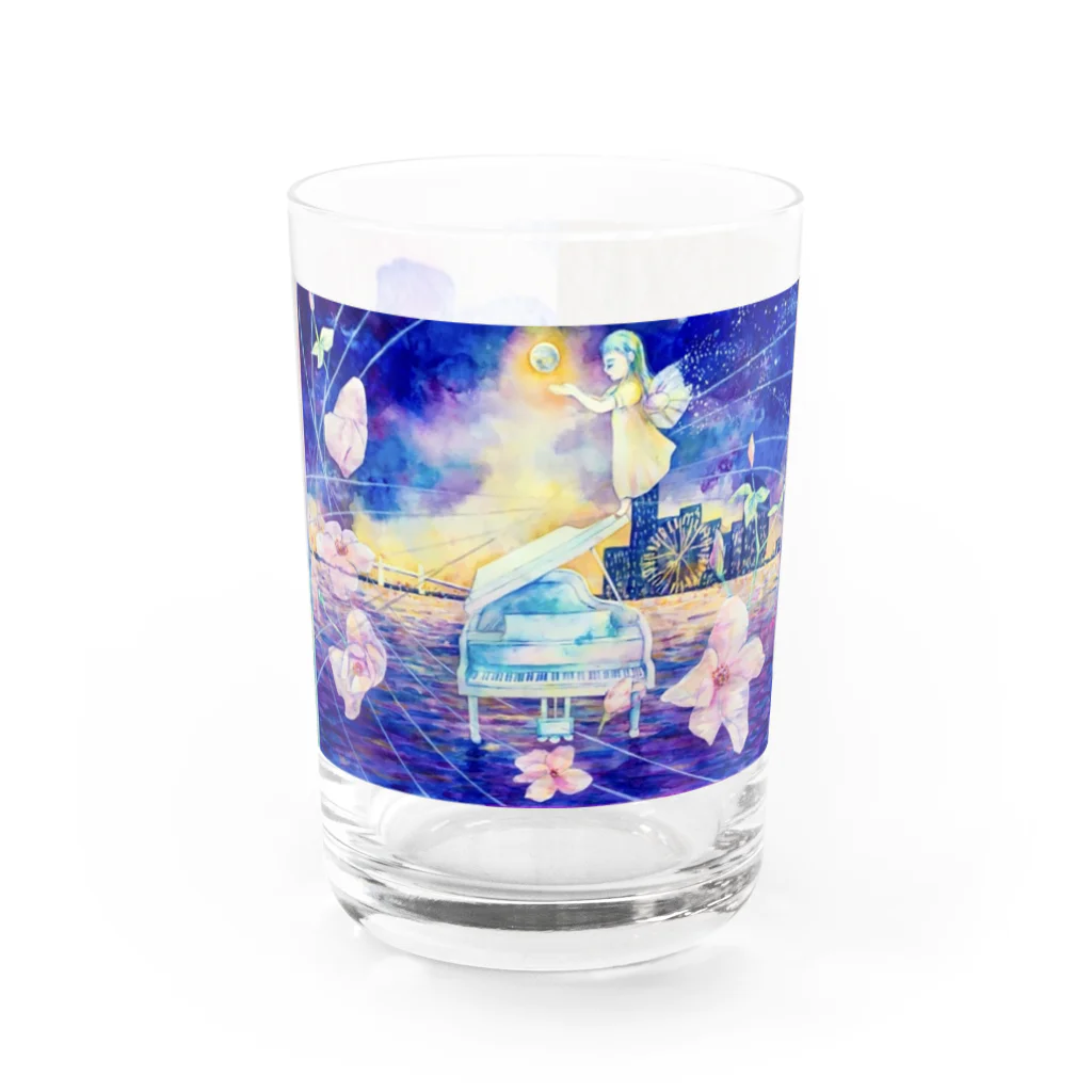 十二夜の書架のピアノと横浜の海・紫陽花の花びら Water Glass :front