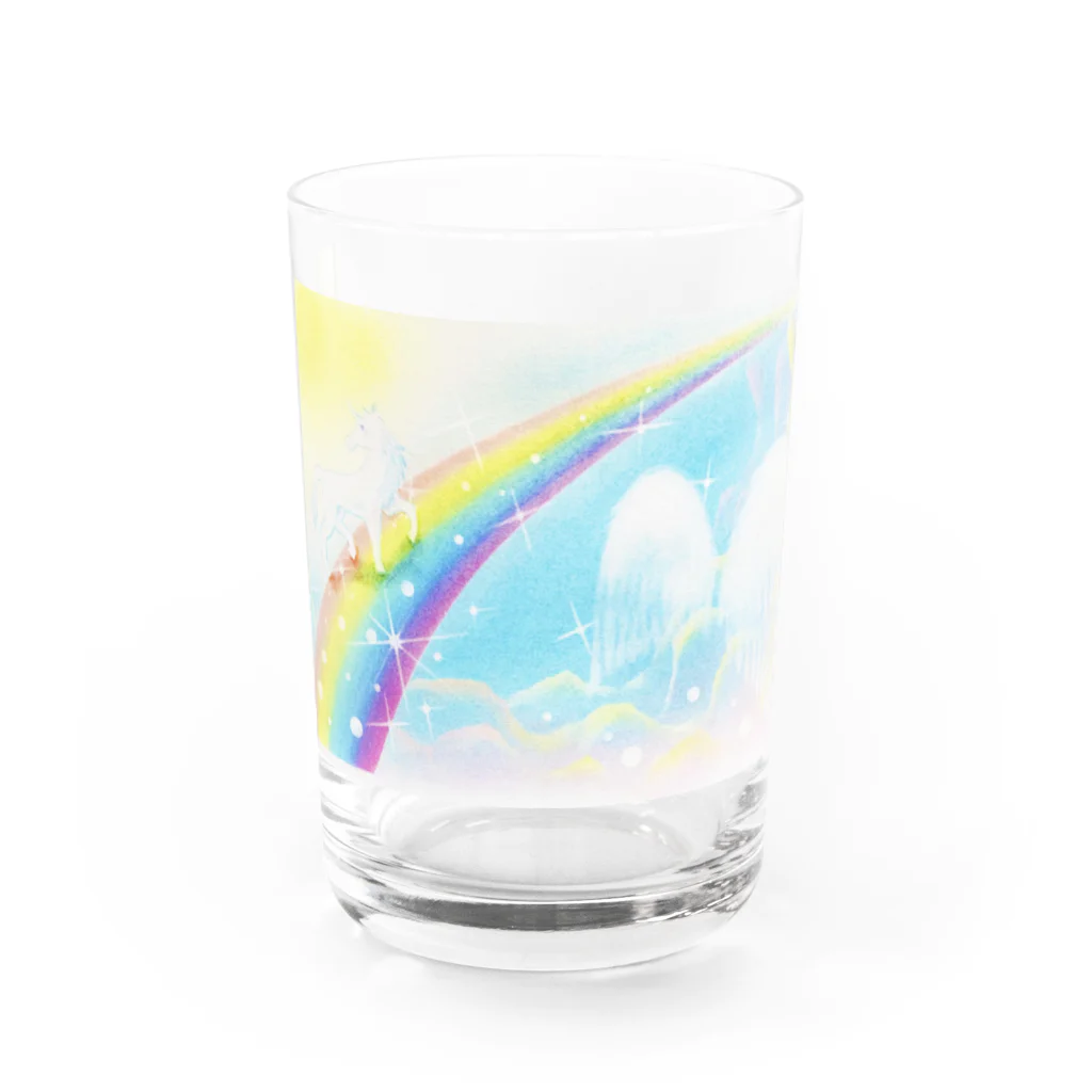  Pastel Design Art 天使のお部屋のユニコーンと虹 Water Glass :front