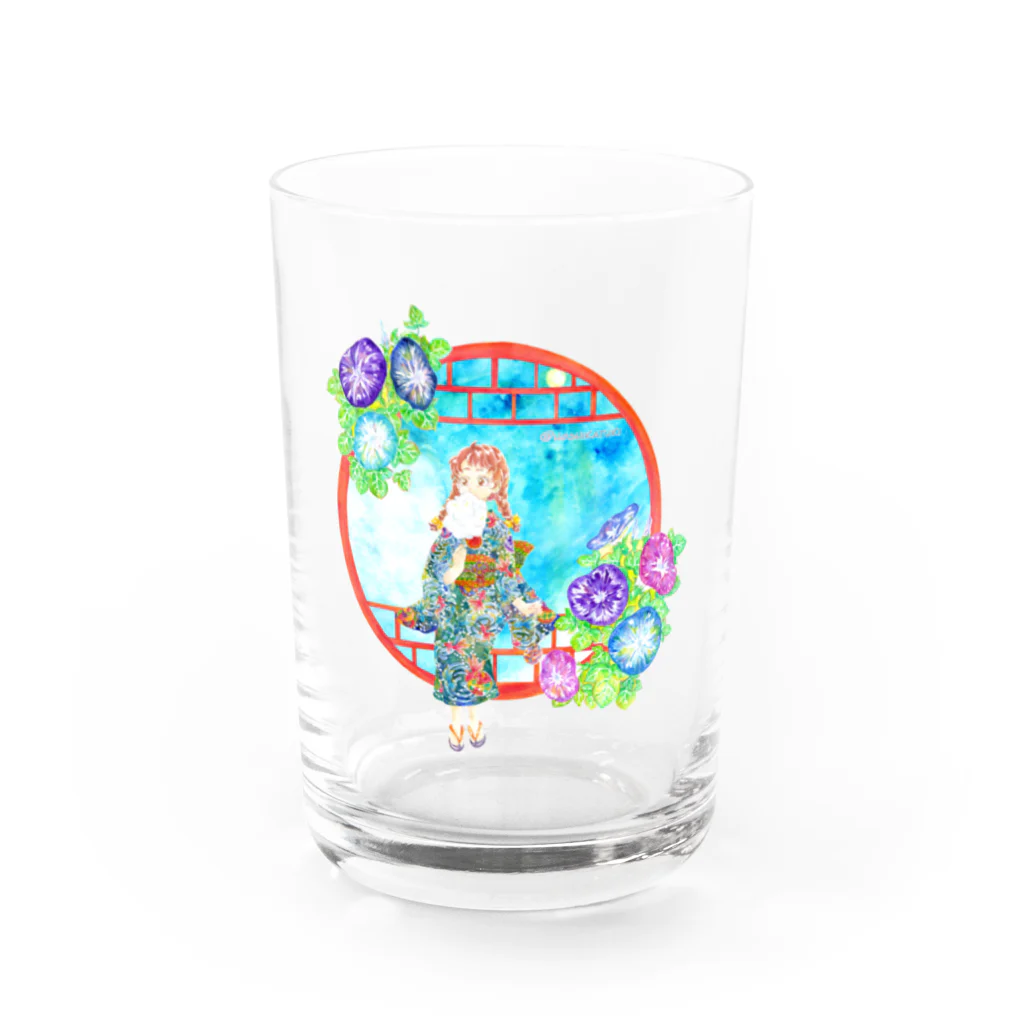 星架月の「窓際の夏」青空・朝顔縁・浴衣の女の子 Water Glass :front