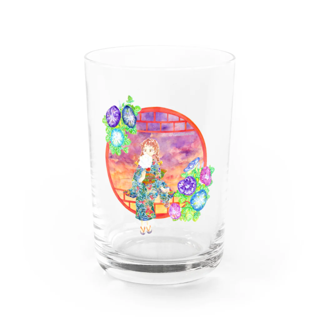 星架月の「窓際の夏」夕焼け・朝顔朝顔縁・浴衣の女の子 Water Glass :front