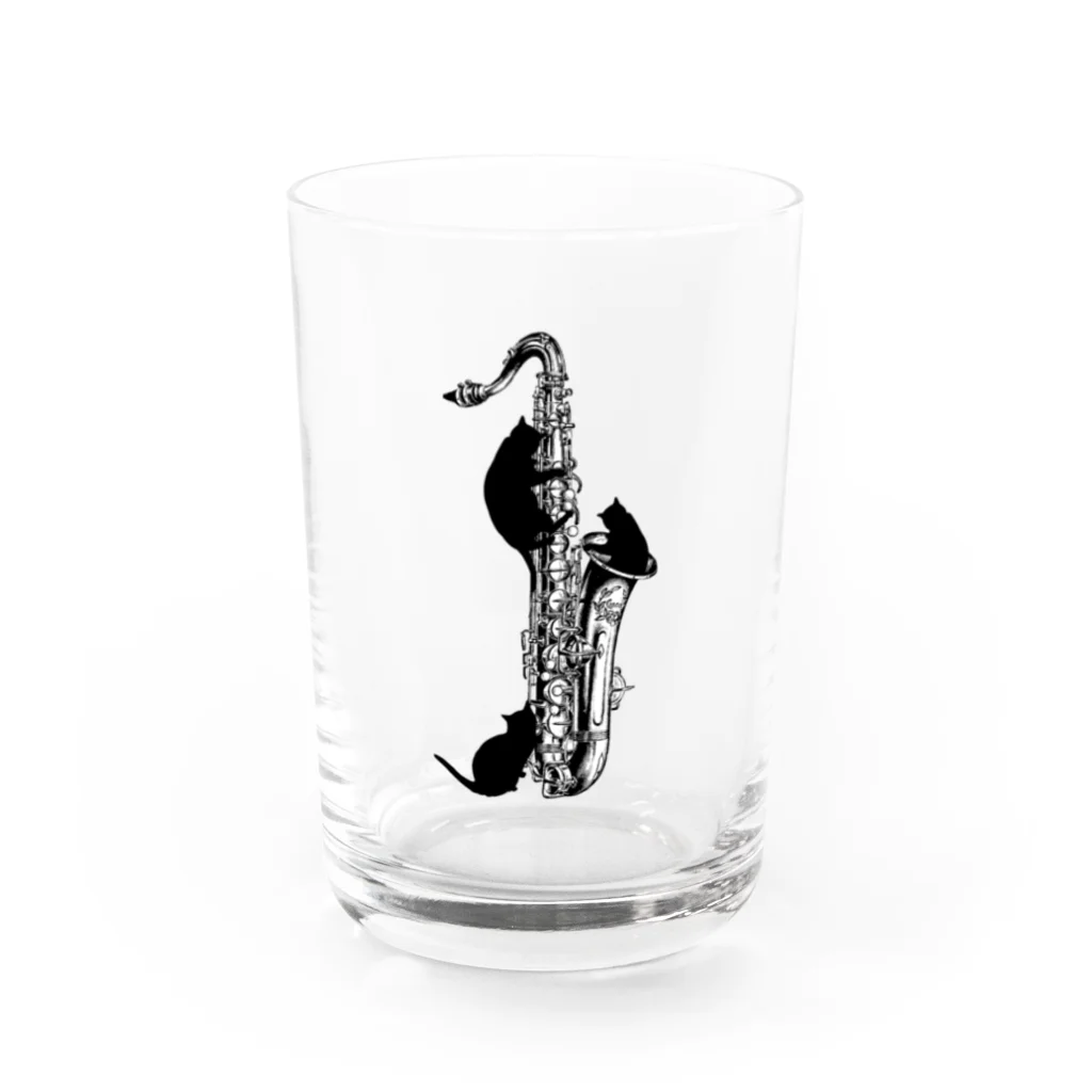 音楽雑貨でぶねこのテナーサックスと黒猫 Water Glass :front