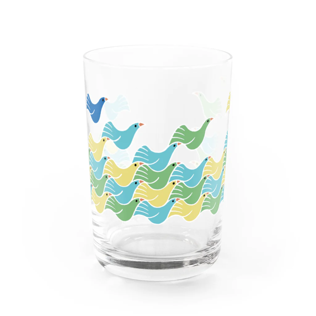 ゆっしーのつながるゆかいないきものたちのつながるコトリと幸せの青い鳥(グリーン) Water Glass :front