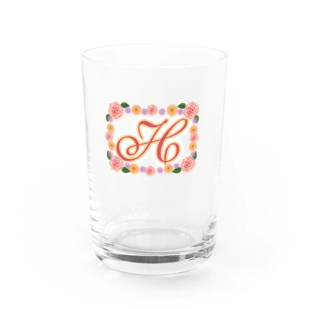 ロゴTシャツのひよこ堂のフラワー イニシャル H  は行 名前 Water Glass :front