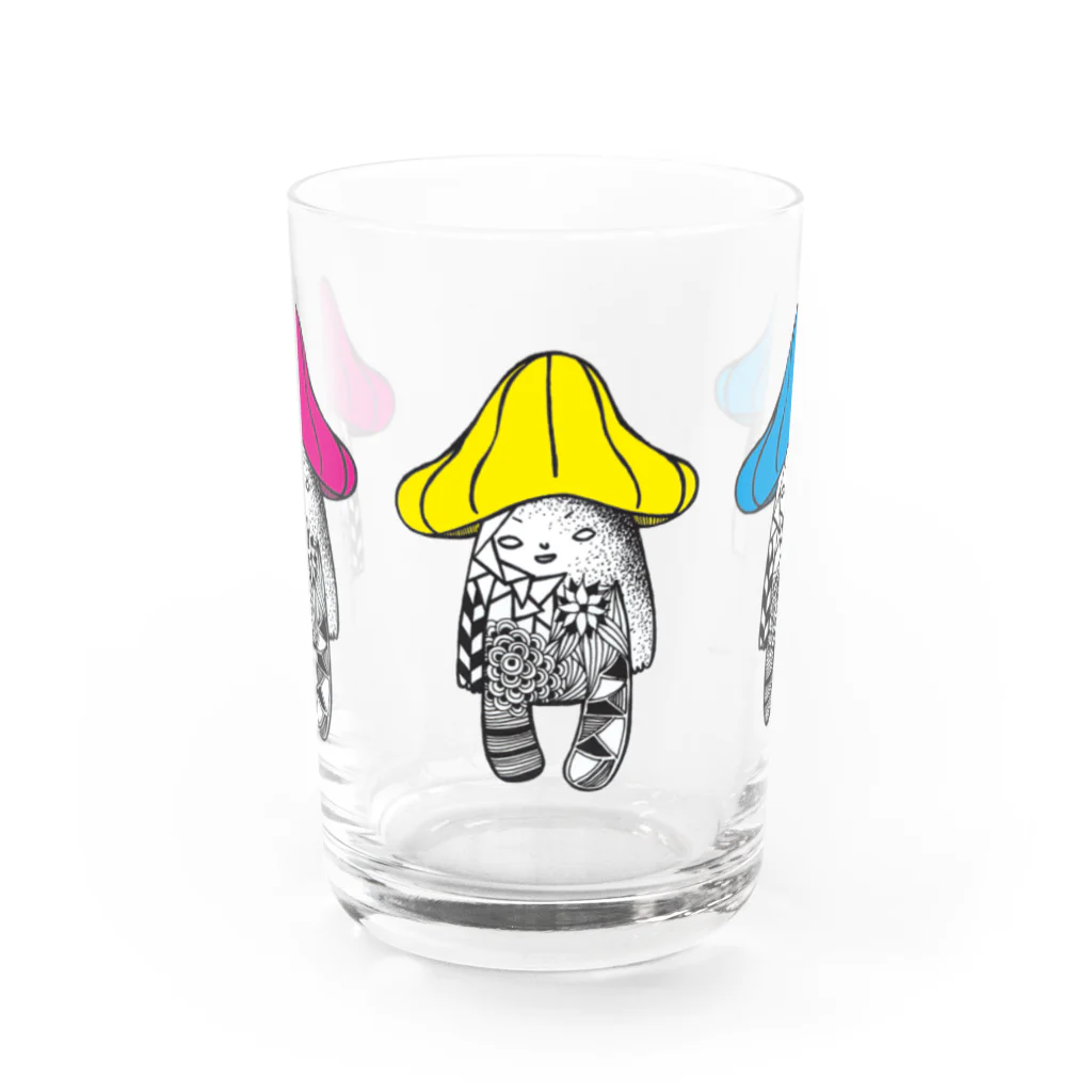 とおにゅう屋のきのこまる（ピンク・黄色・青色） Water Glass :front