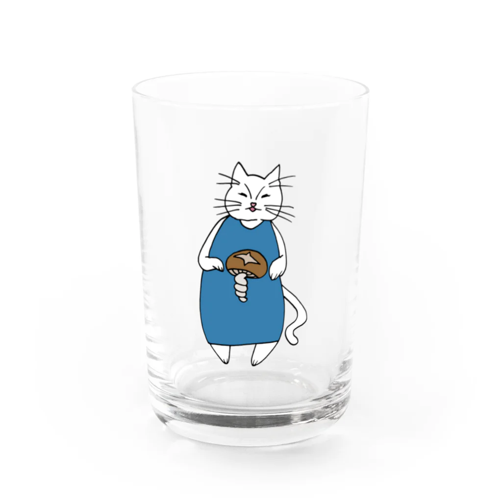 nyakamoの巻きしいたけ柄マキシ丈ワンピを着た猫 グラス前面
