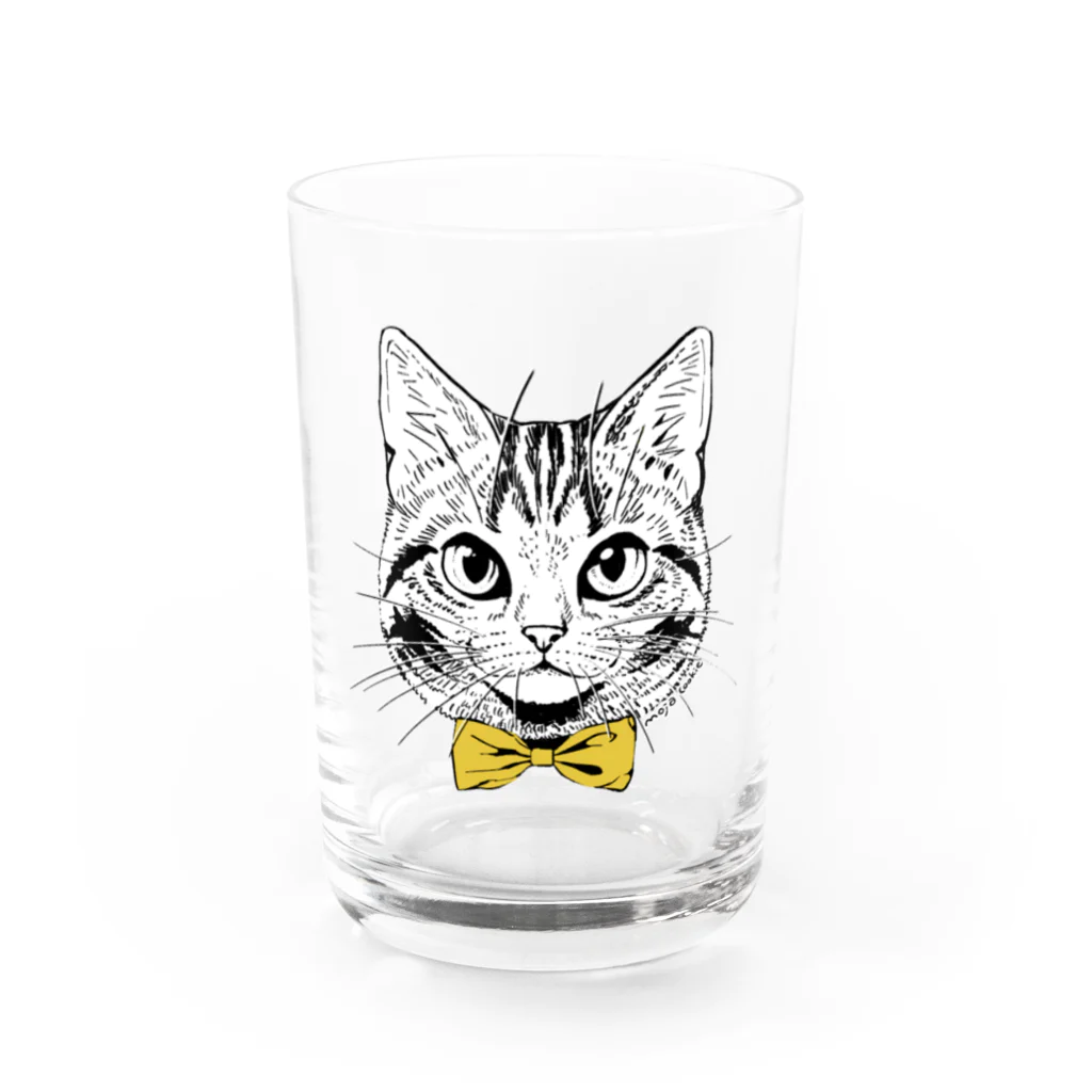 もじゃクッキーの黄色蝶ネクタイの猫 Water Glass :front