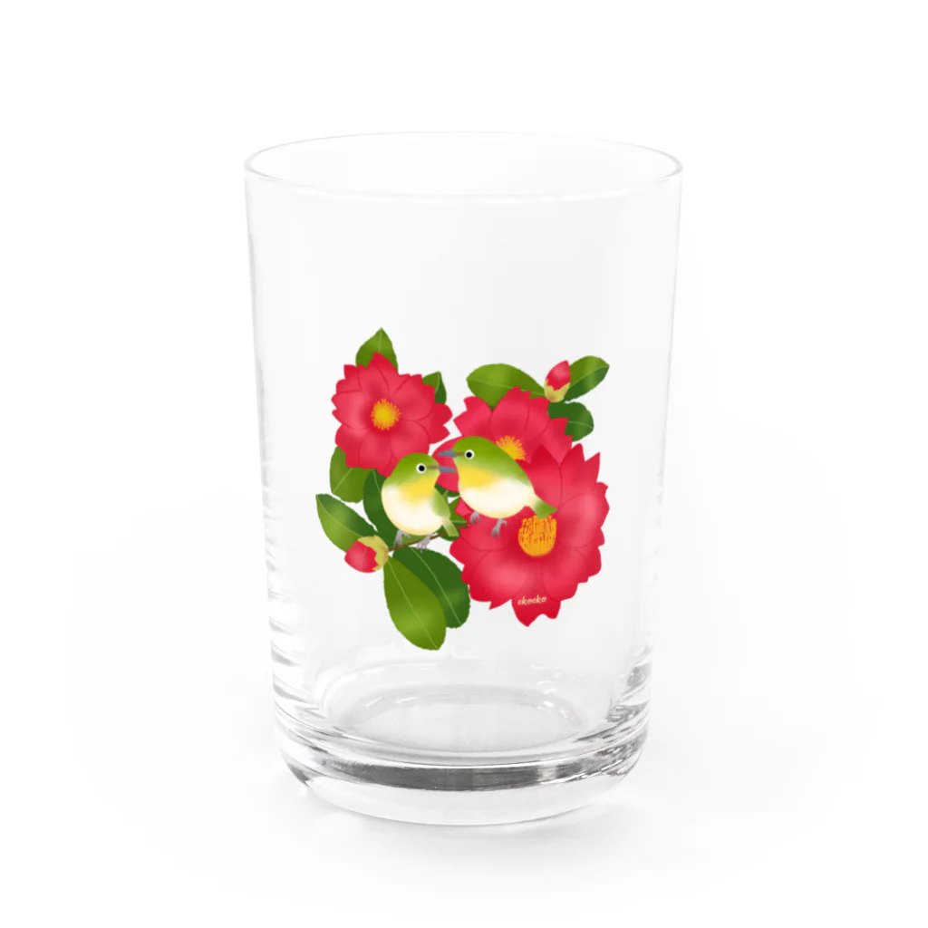 ekoeko ショップのサザンカとメジロ グラス Water Glass :front