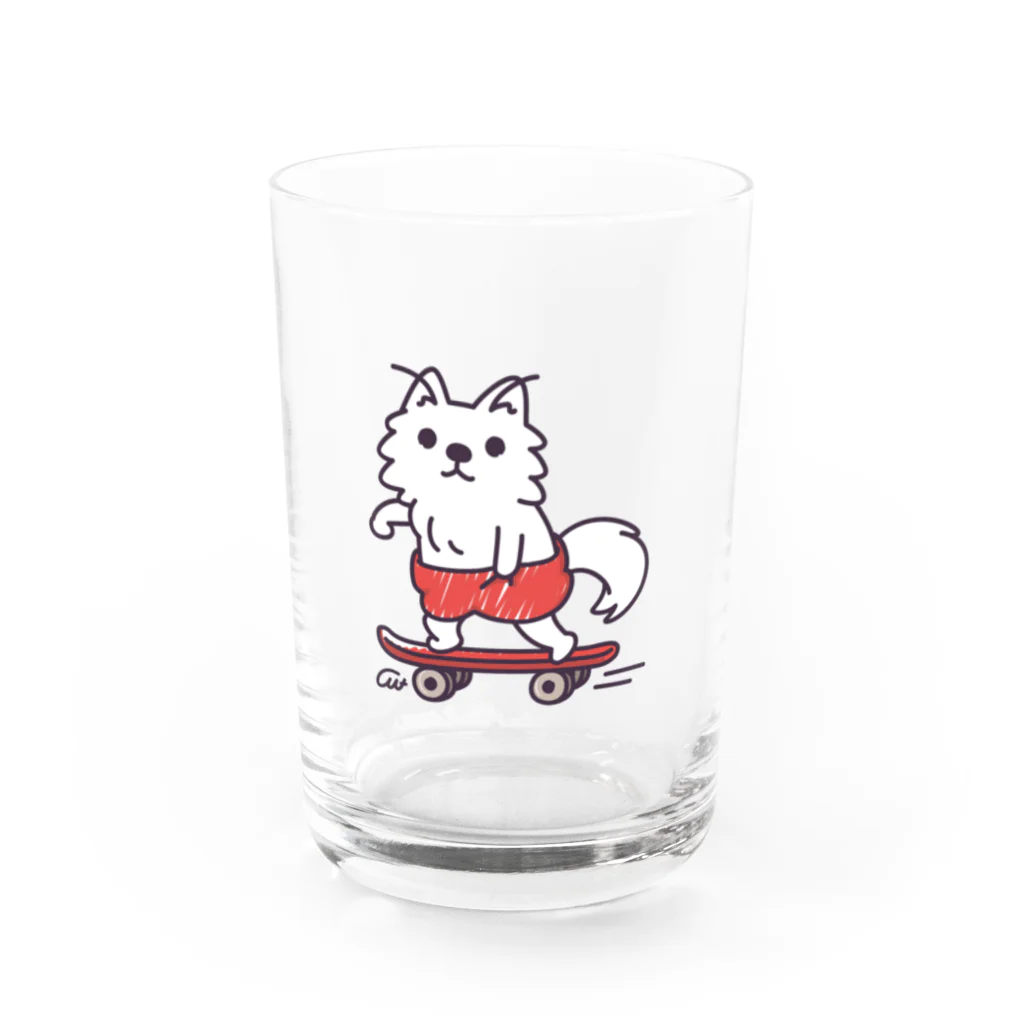 イラスト MONYAAT のワンポイント 赤ぱんポメラのスケボー Water Glass :front