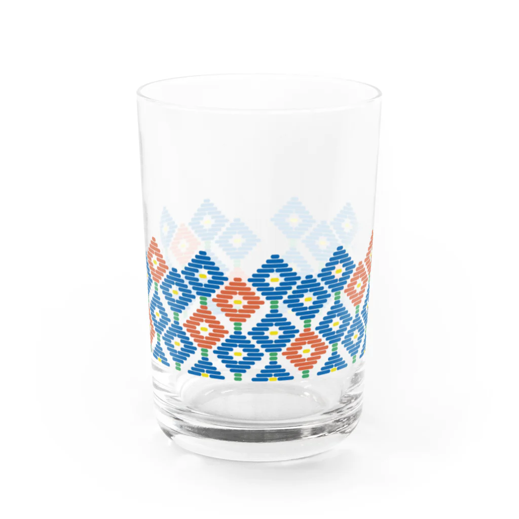 工房 クレーンの【 オサンポ 】レトロなこぎん刺しグラス(ブルー×オレンジ) Water Glass :front