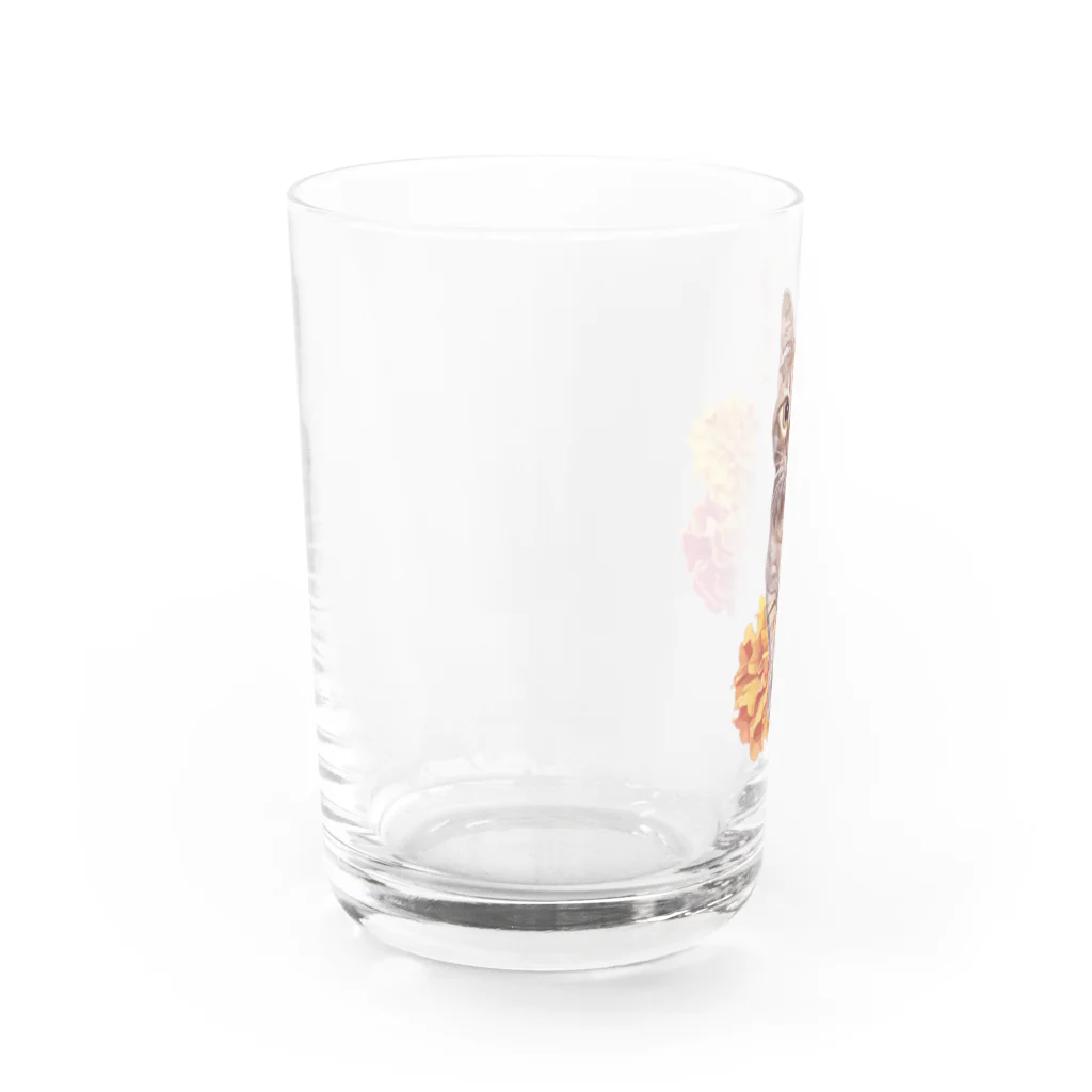 ねこやの茶トラ猫とマリーゴールド Water Glass :left