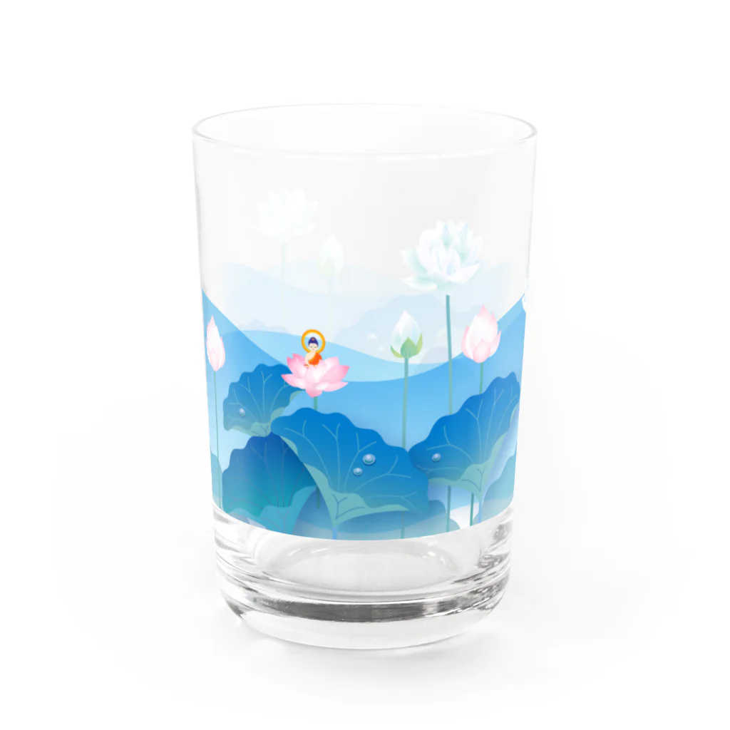 くねくね道の蓮とお釈迦様（グラス）ブルー Water Glass :left