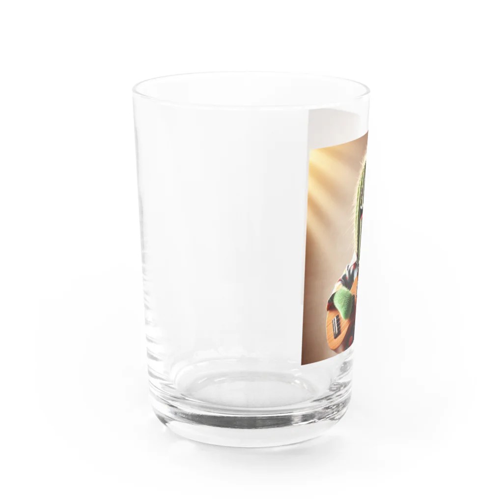 ワンダーワールド・ワンストップのハワイアンシャツを着てウクレレを弾くサボテン Water Glass :left