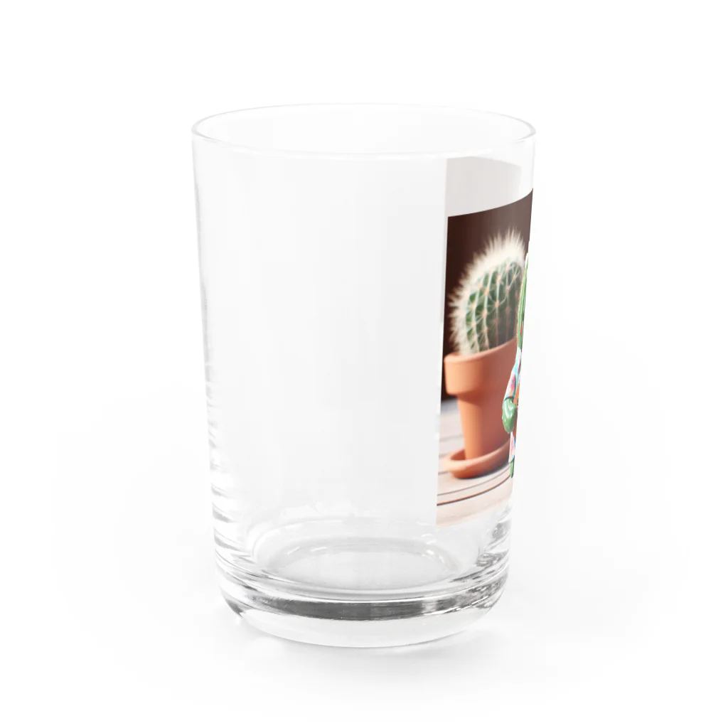 ワンダーワールド・ワンストップのハワイアンシャツを着てウクレレを弾くサボテン Water Glass :left