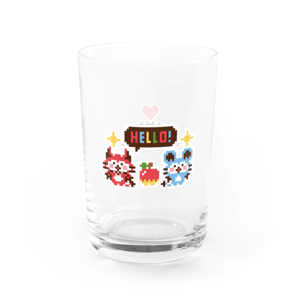 ミニマムユニヴァース@SUZURIのデビねこくんとデビねずちゃんとリンゴのドット絵 グラス Water Glass :left