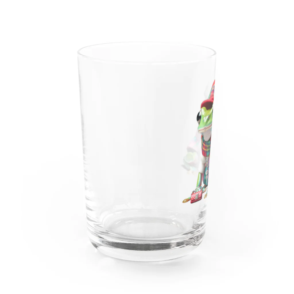 はらペコチャンネルのおしゃれなカエル（赤チェック） Water Glass :left