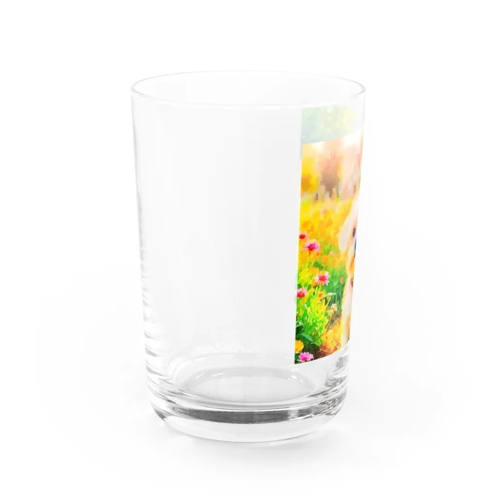 犬好きのしましまの水彩画の犬 花畑のマルチーズのイラスト Water Glass :left