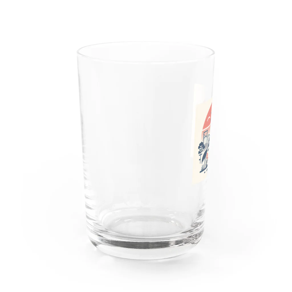 moontajの夕陽に映える鶴と富士 Water Glass :left