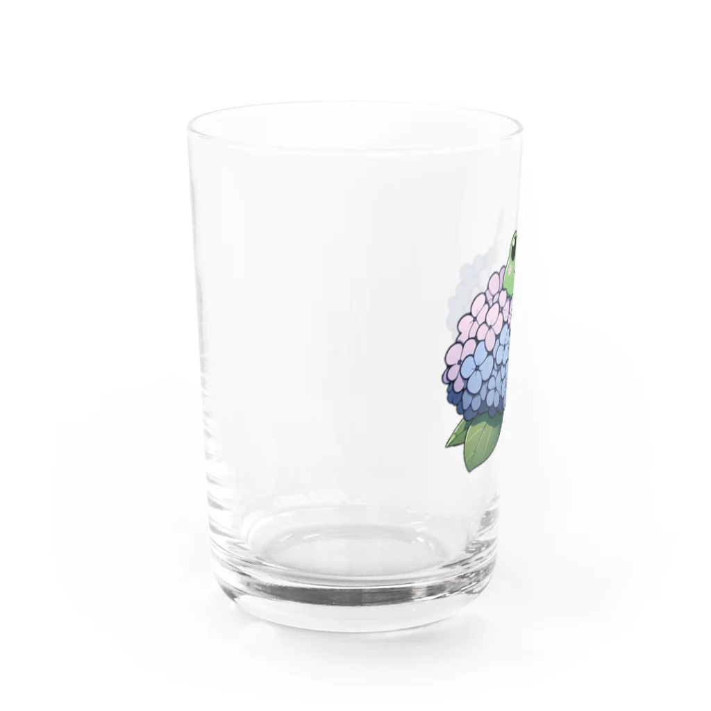 終わらない夢🌈の紫陽花の花と可愛いアマガエル🐸 Water Glass :left