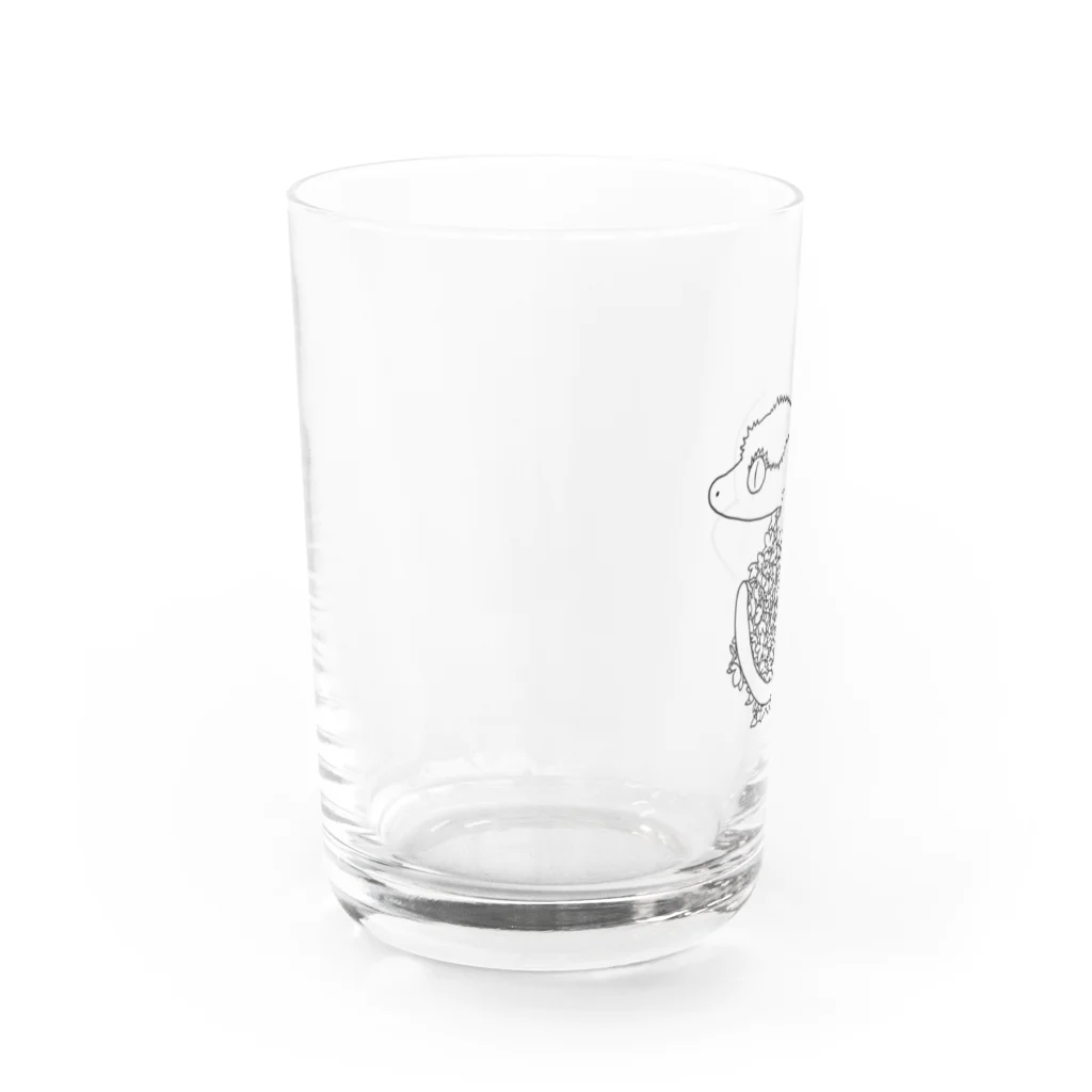 りっちゃん🦖のクレステッドゲッコー×紫陽花イラスト(黒) Water Glass :left