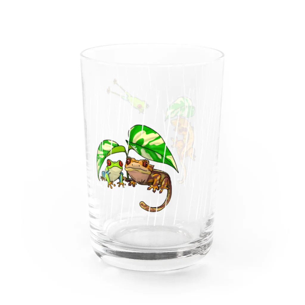 檸檬飴の雨の日のアカメアマガエルとクレステッドゲッコー(ピンストライプ) Water Glass :left