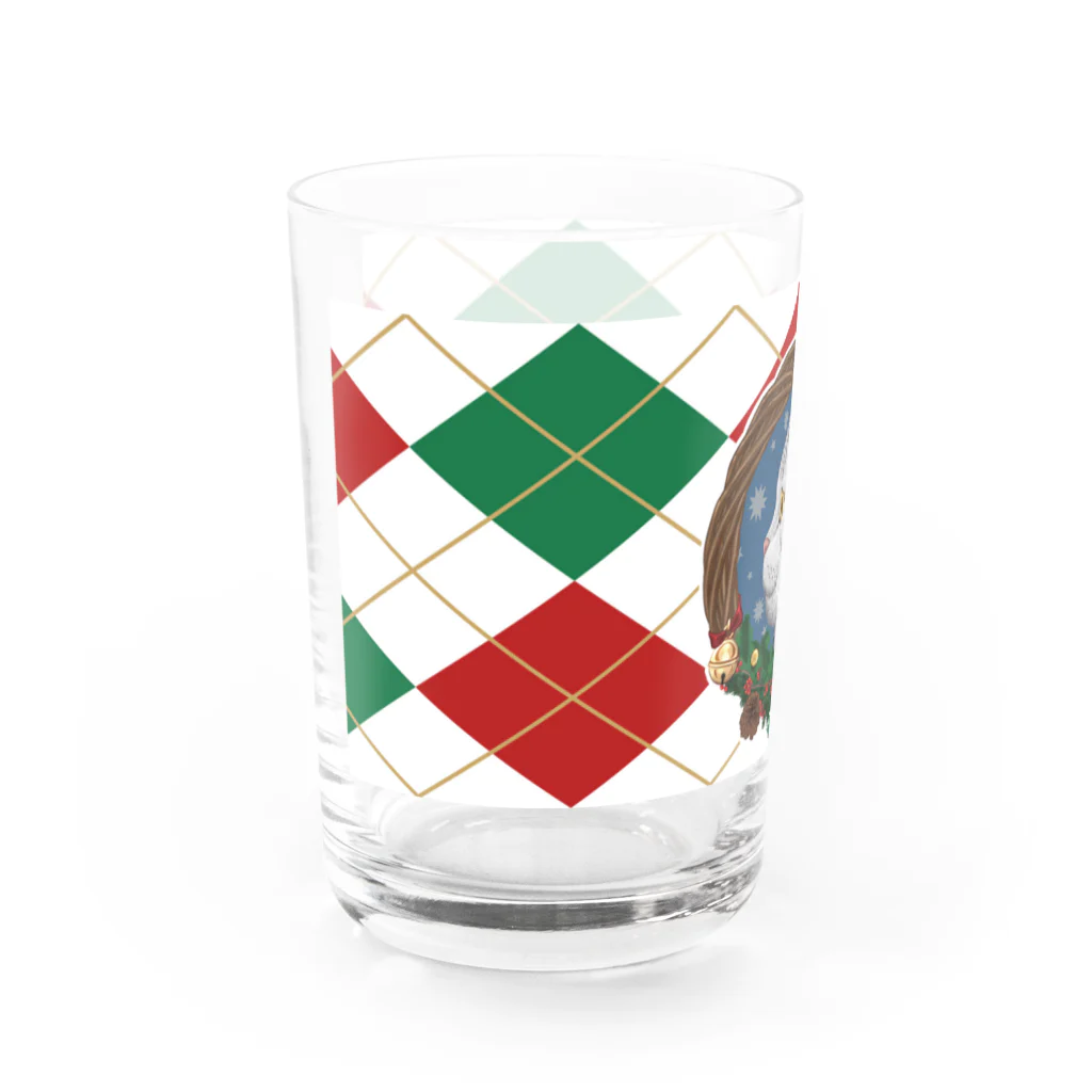 野田　尚花のクリスマスリースと猫　アーガイル柄 Water Glass :left