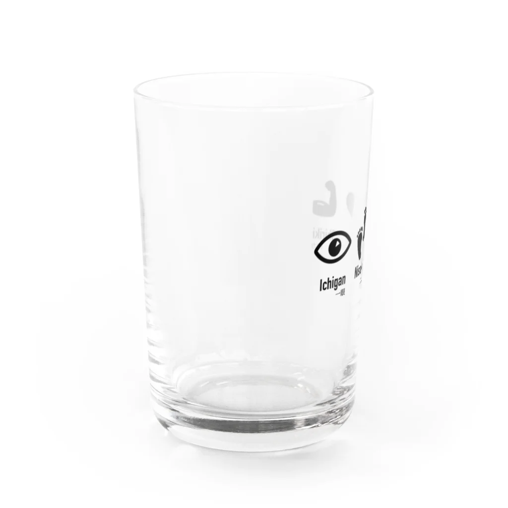 伊勢守 isenokami  剣道 x 日常  kendo inspired.の一眼二足三胆四力 Ichigan Nisoku Santan Shiriki Water Glass :left