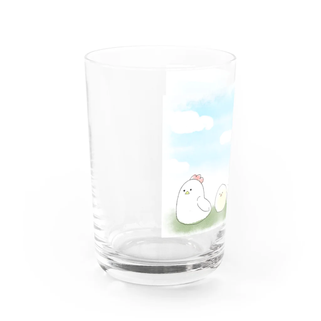 小豆ショップのにわとりの親子行列 Water Glass :left