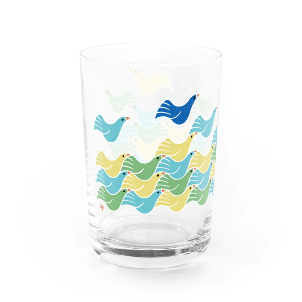 ゆっしーのつながるゆかいないきものたちのつながるコトリと幸せの青い鳥(グリーン) Water Glass :left