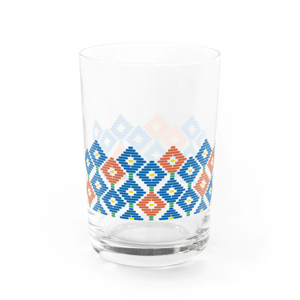 工房 クレーンの【 オサンポ 】レトロなこぎん刺しグラス(ブルー×オレンジ) Water Glass :left