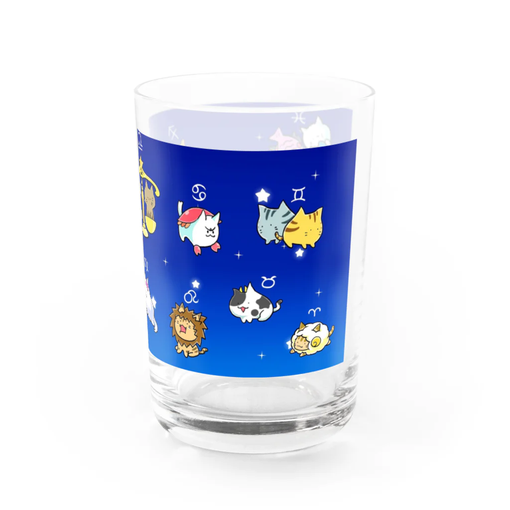 もふもふ堂の十二（十三）星座の夢溢れる猫デザイン Water Glass :right