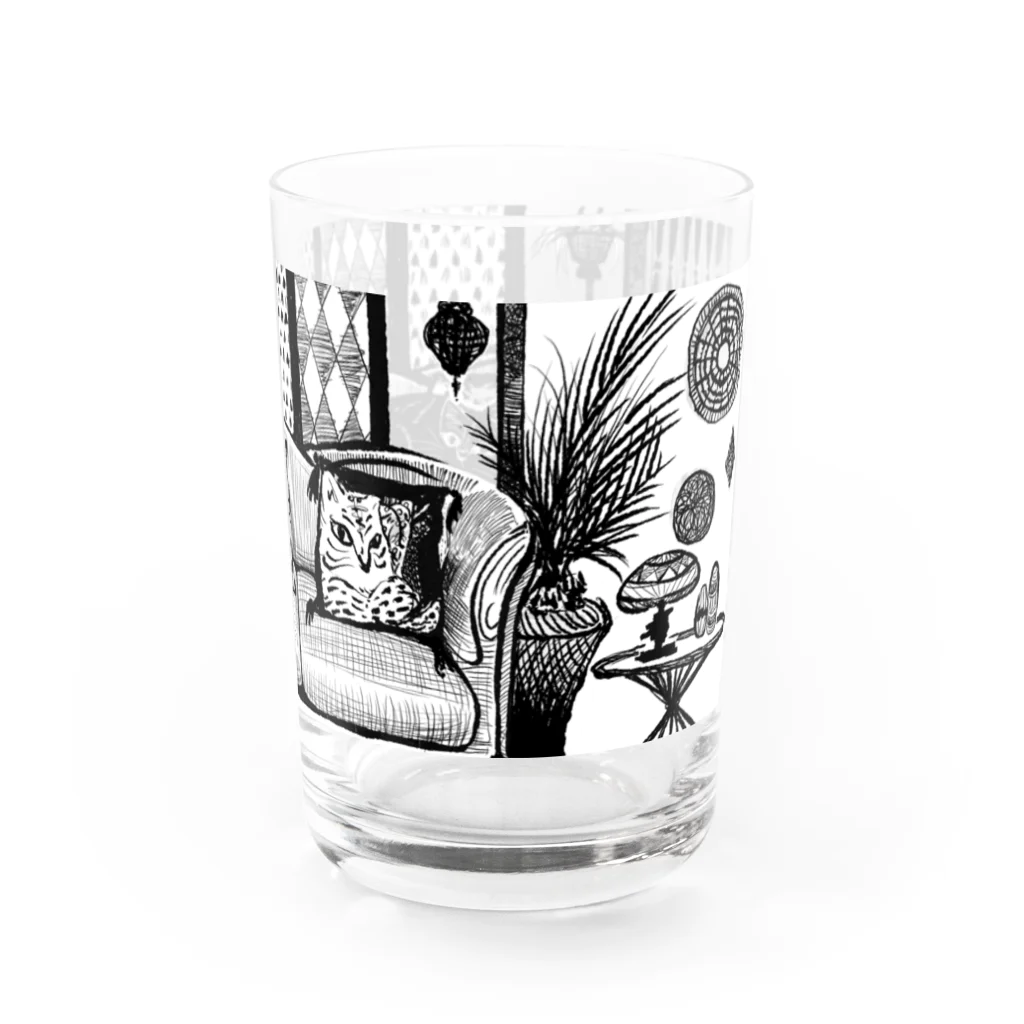 不可思議商店の版画風のんびり猫ちゃん（色の濃い飲み物用） Water Glass :right