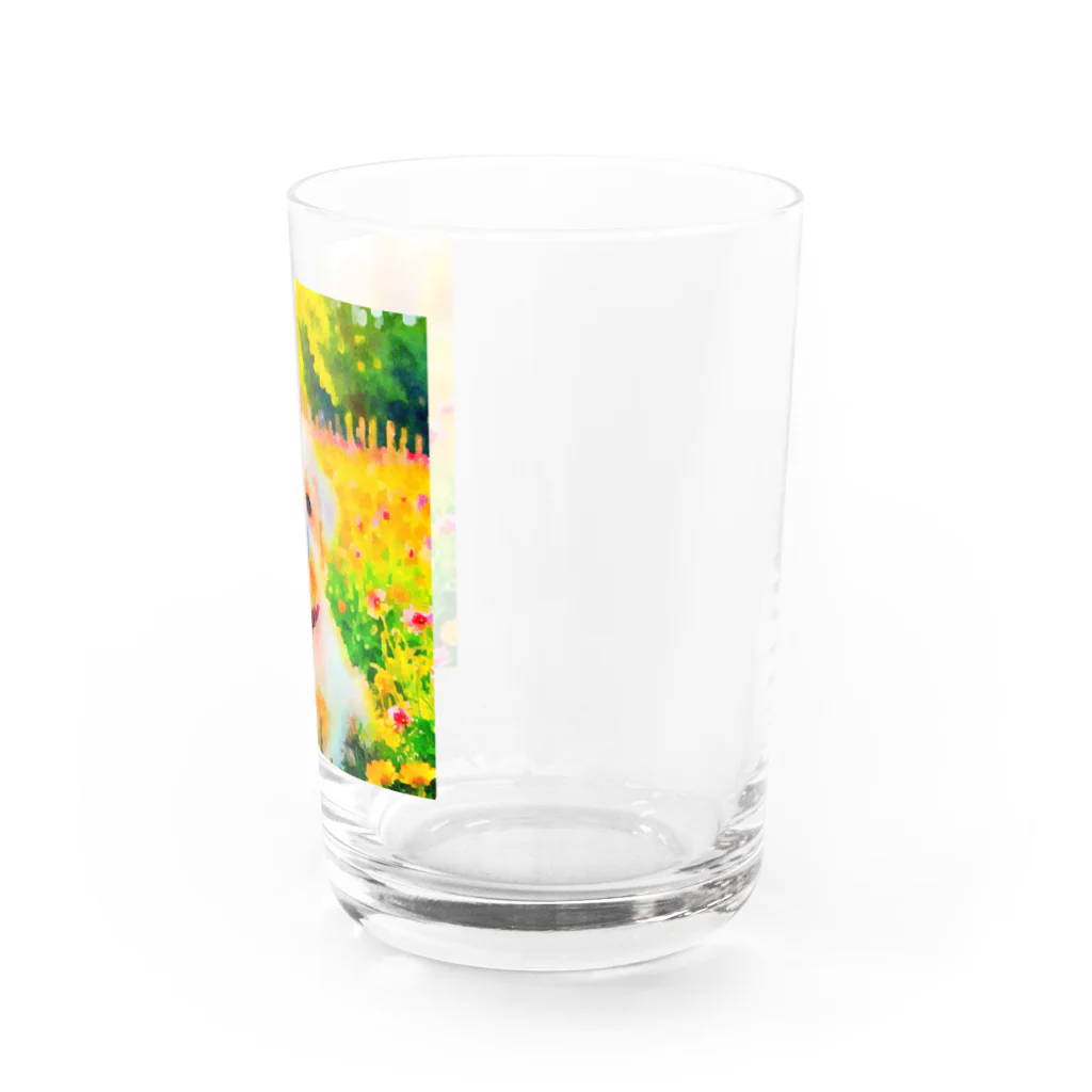 犬好きのしましまの水彩画の犬 花畑のマルチーズのイラスト Water Glass :right