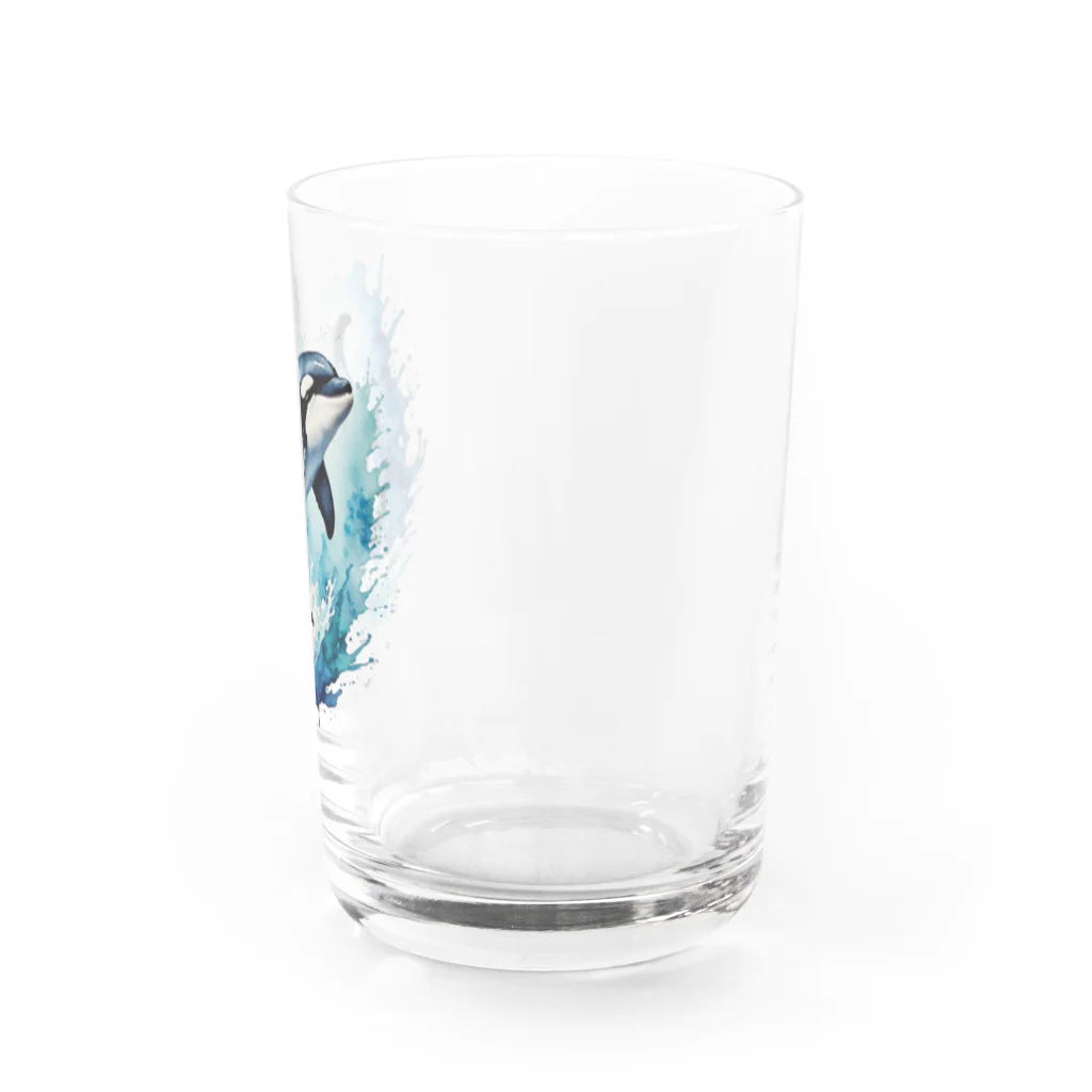 アニマル四字熟語の水彩画で描かれたシャチ　ジャンプする Water Glass :right