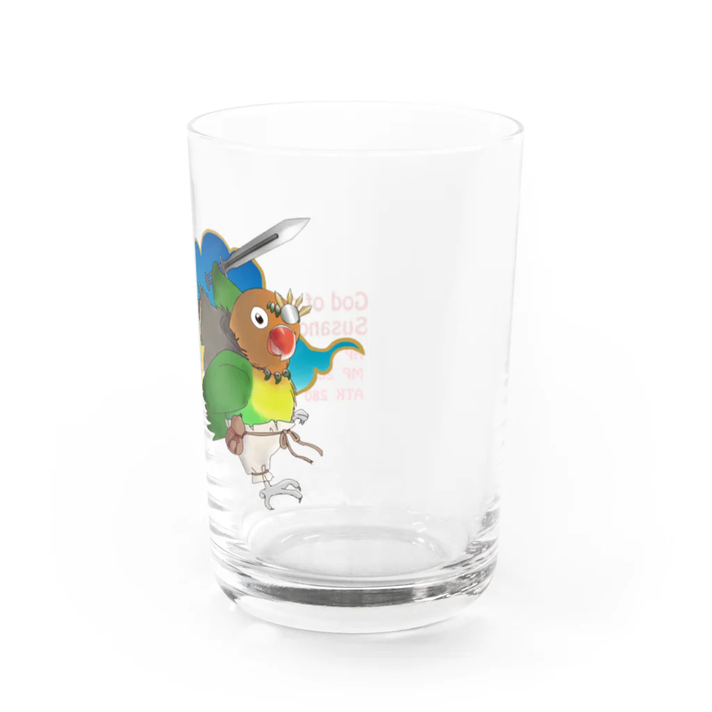 インコグッズのお店　ラブバード亭のルリコシボタン（破壊神スサノオ　RPG風ステータスバージョン） Water Glass :right