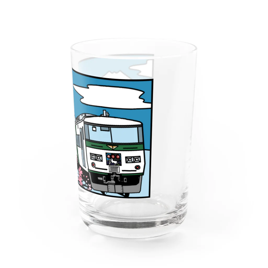 やすこーん（YASCORN）鉄道の鉄道：「踊り子」18５系と富士山、桜　イラスト Water Glass :right