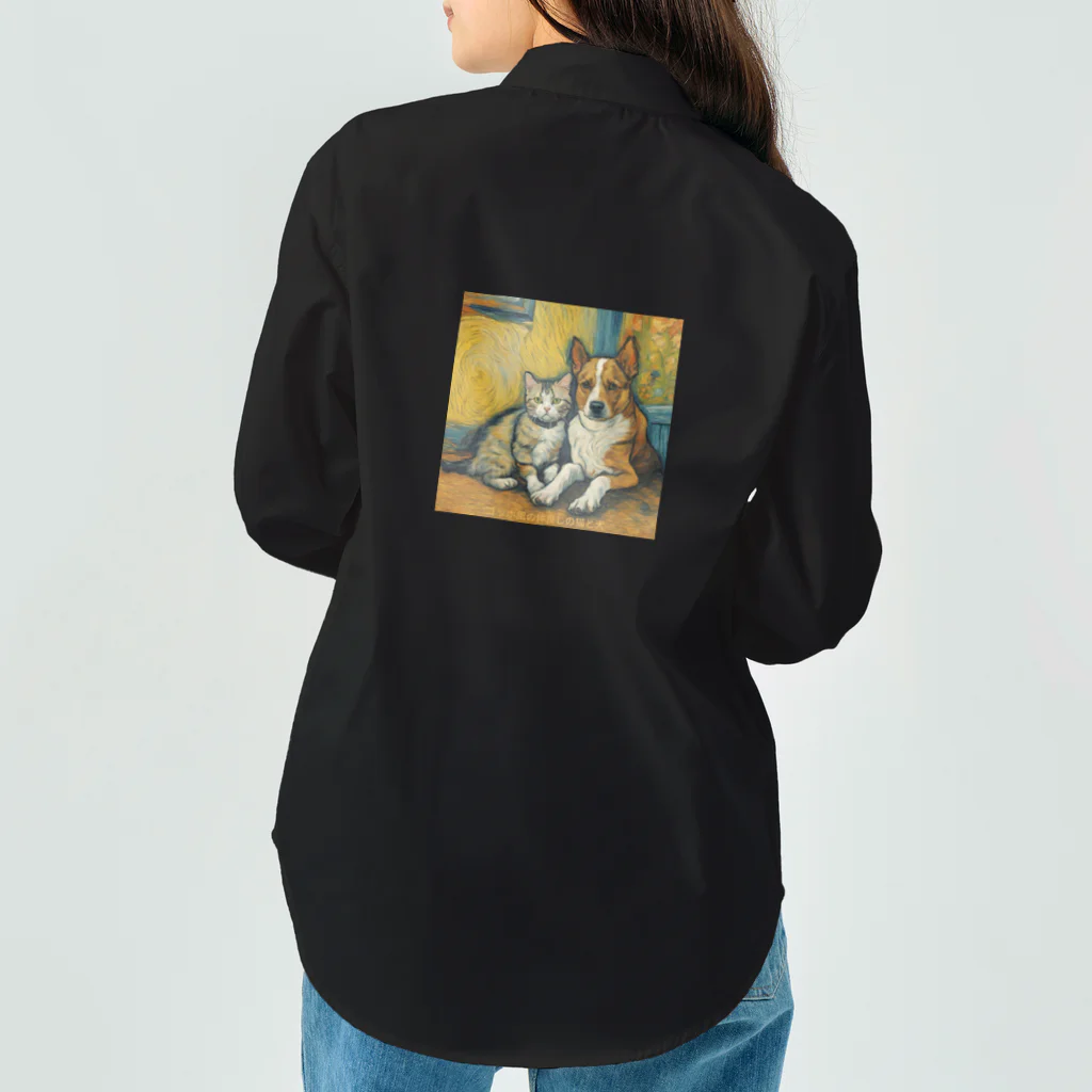 garireoのゴッホが描いたような仲良しの猫と犬 Work Shirt