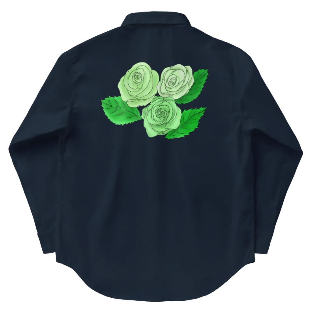 Lily bird（リリーバード）の緑のバラ3輪 輪郭黒線 ワークシャツ