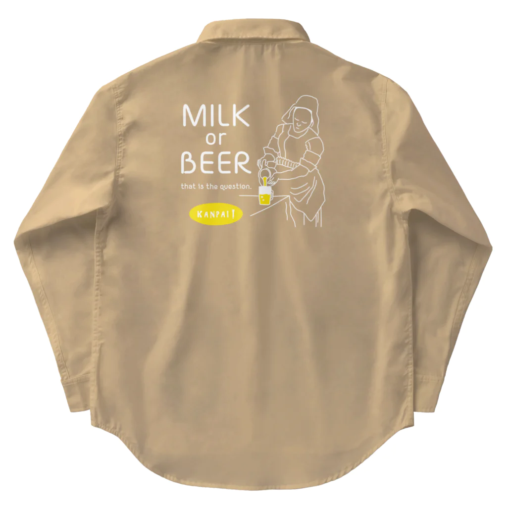 ビールとアート TM-3 Designの名画 × BEER（牛乳を注ぐ女・牛乳かビールか、それが問題だ。）白線画 Work Shirt