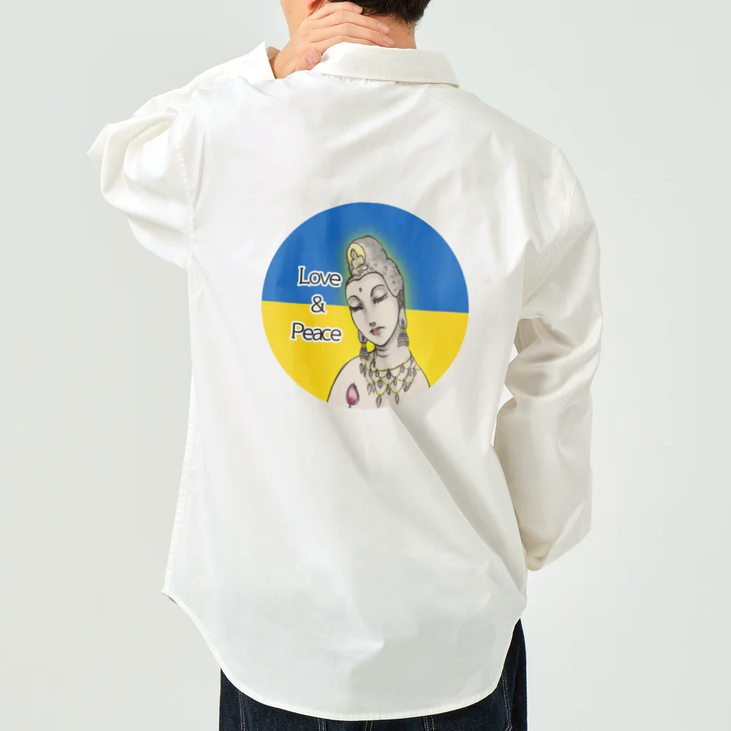 諭苑のSUZURI店のLove＆Peace観世音菩薩ウクライナ国旗背景 Work Shirt