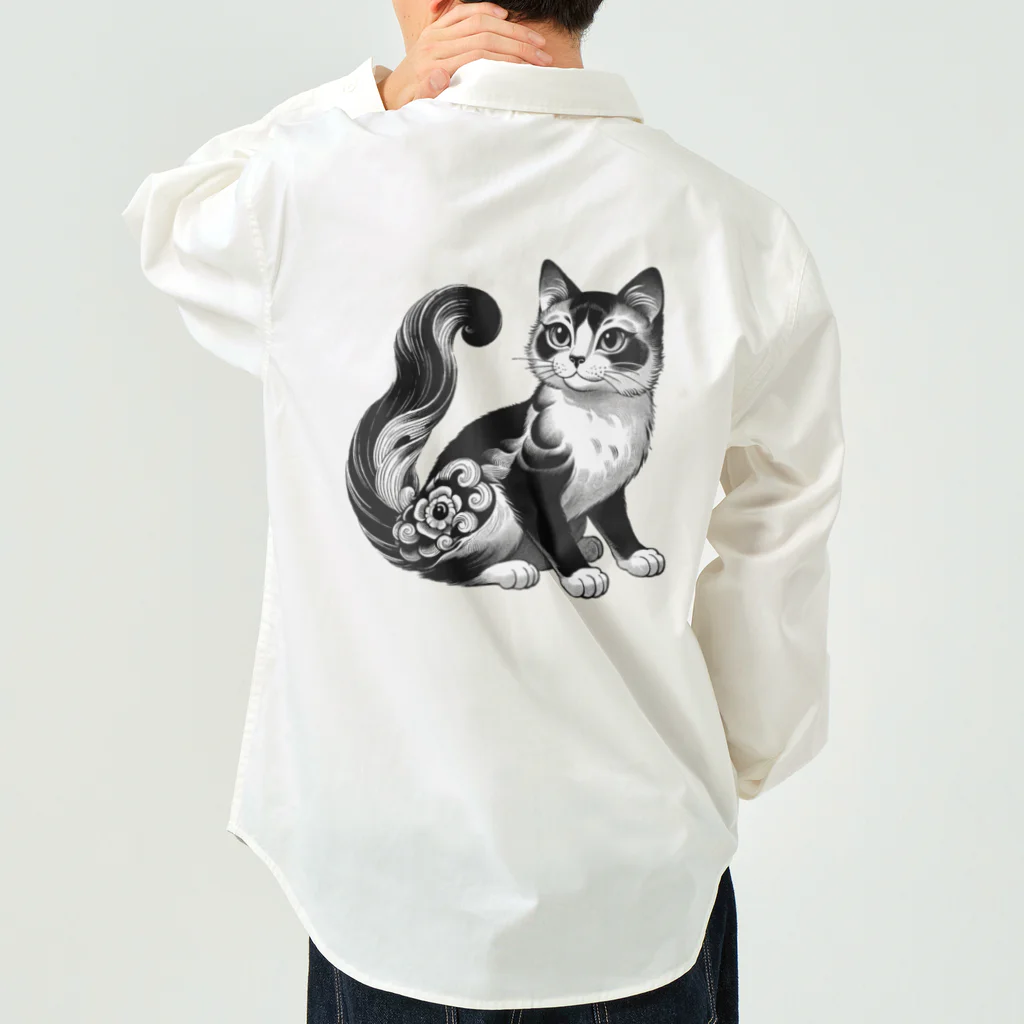 いきもの戯画の和風な猫 ワークシャツ